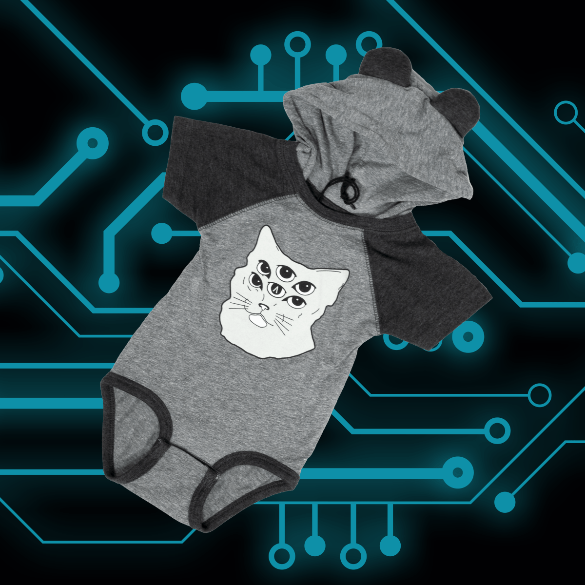 Six Eyed Cat Infant Body Suit with Ears - AREA15